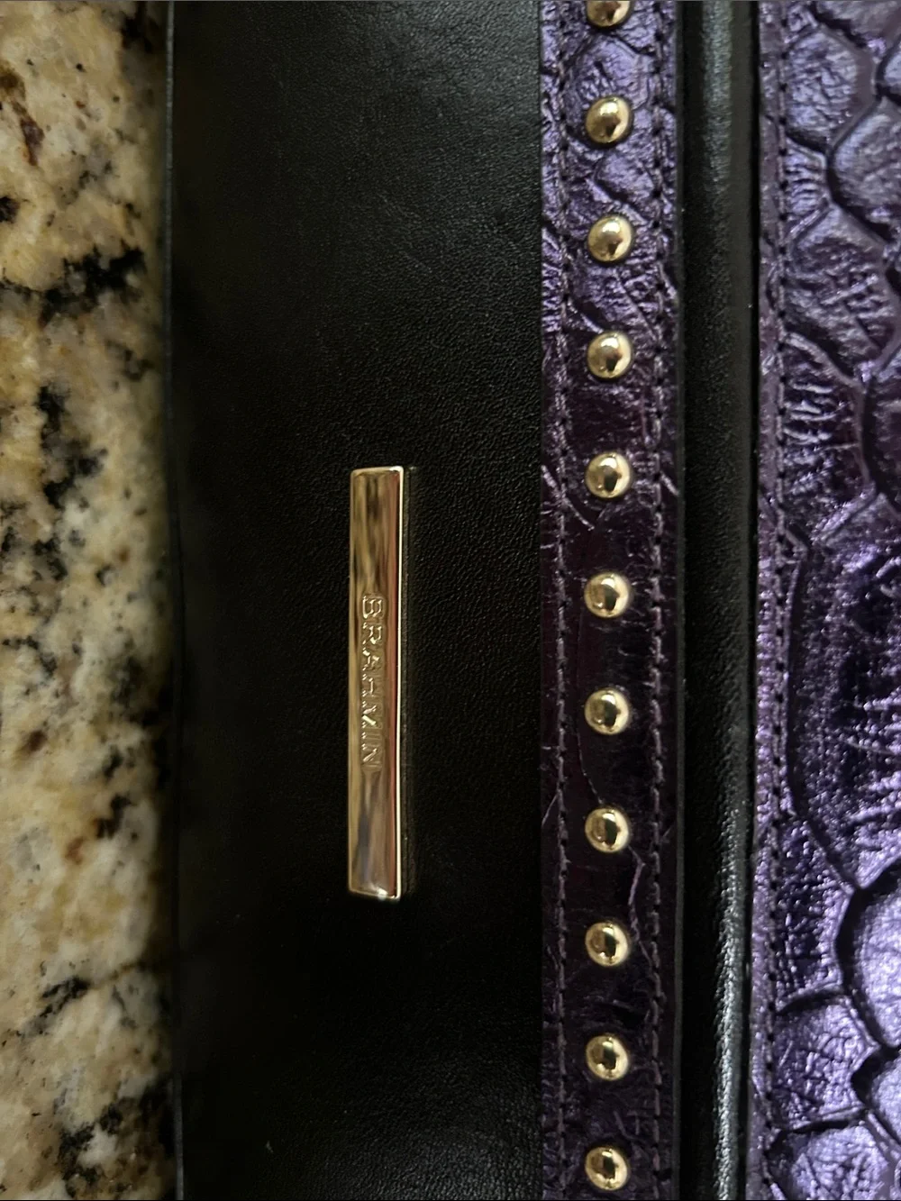 Brahmin Purple Faux-Snakeskin Tote with Black Trim and Gold Accents - Picture 3 of 11